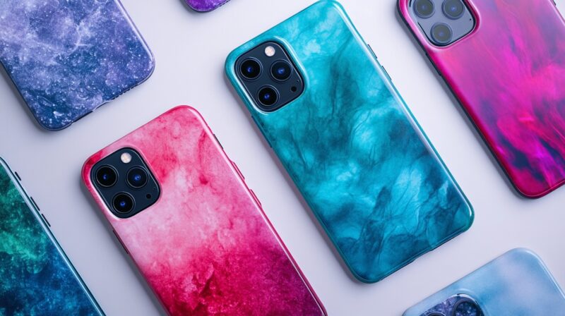 A collection of colorful smartphone cases with marble-like patterns displayed on a flat surface