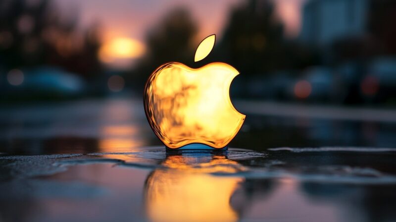 A glowing Apple logo at sunset, symbolizing support and innovation, reflected in water